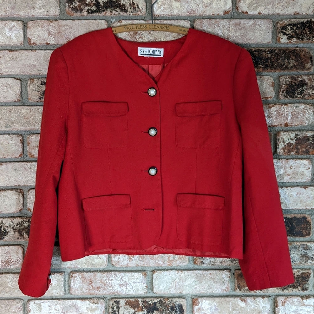 🦪 SK & Company Faux Pearl Red Blazer Jacket and Shoulder Pads Vintage Size 12